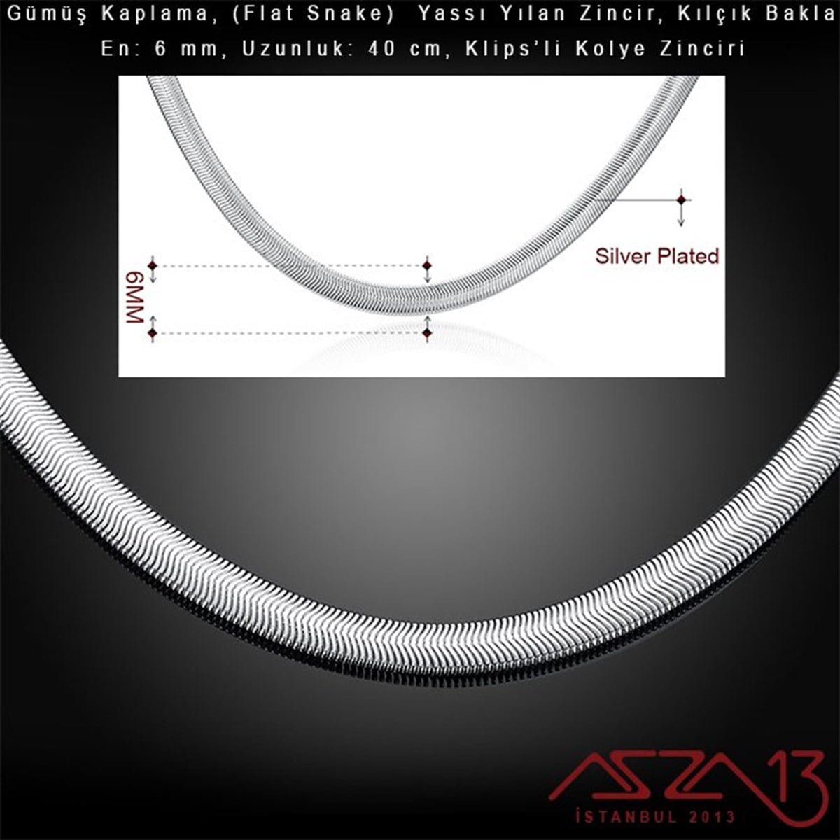 Gümüş Kaplama 40 cm - 6 mm Pirinç Yassı Yuvarlak Yılan, Klipsli Kolye Zinciri