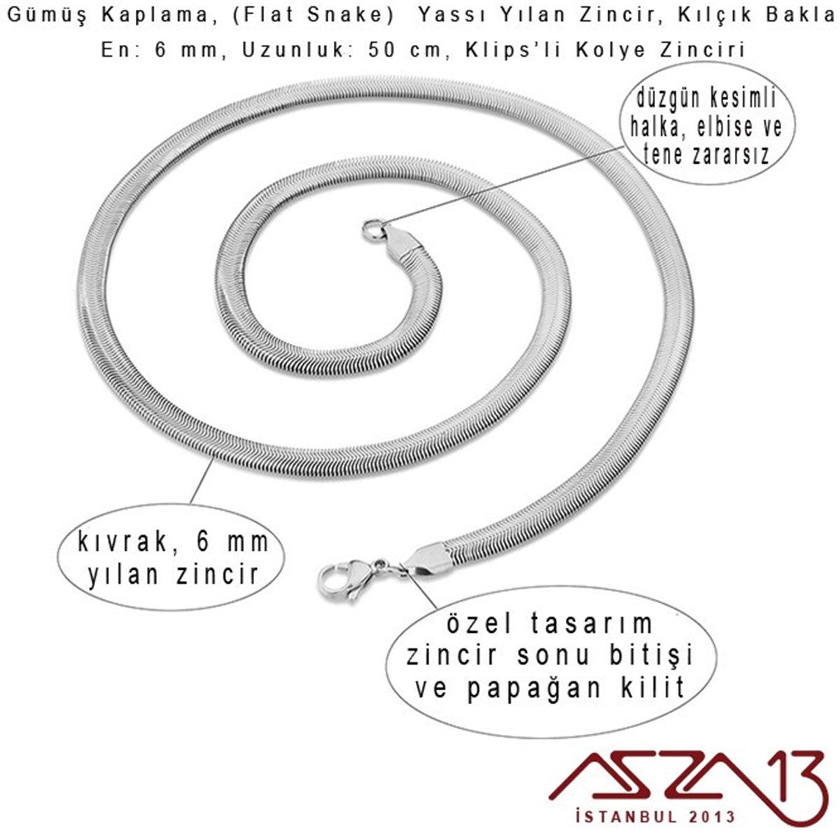 Gümüş Kaplama 50 cm - 6 mm Pirinç Yassı Yuvarlak Yılan, Klipsli Kolye Zinciri
