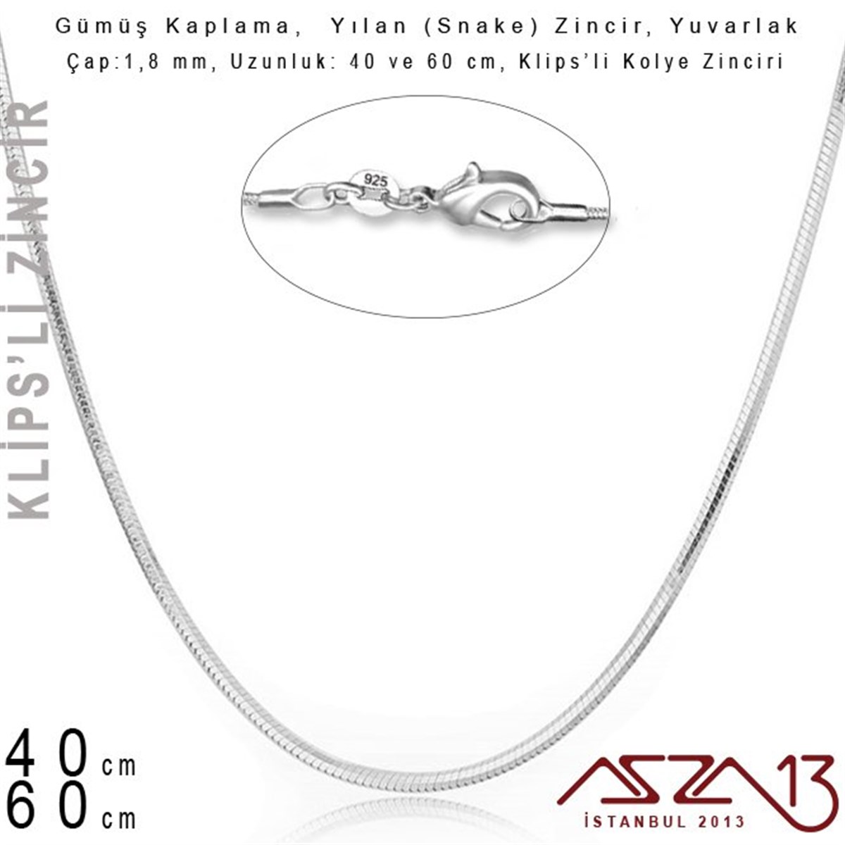 Gümüş Kaplama 40 cm - 1,8 mm Pirinç Yılan Tip, Klipsli Kolye Zinciri
