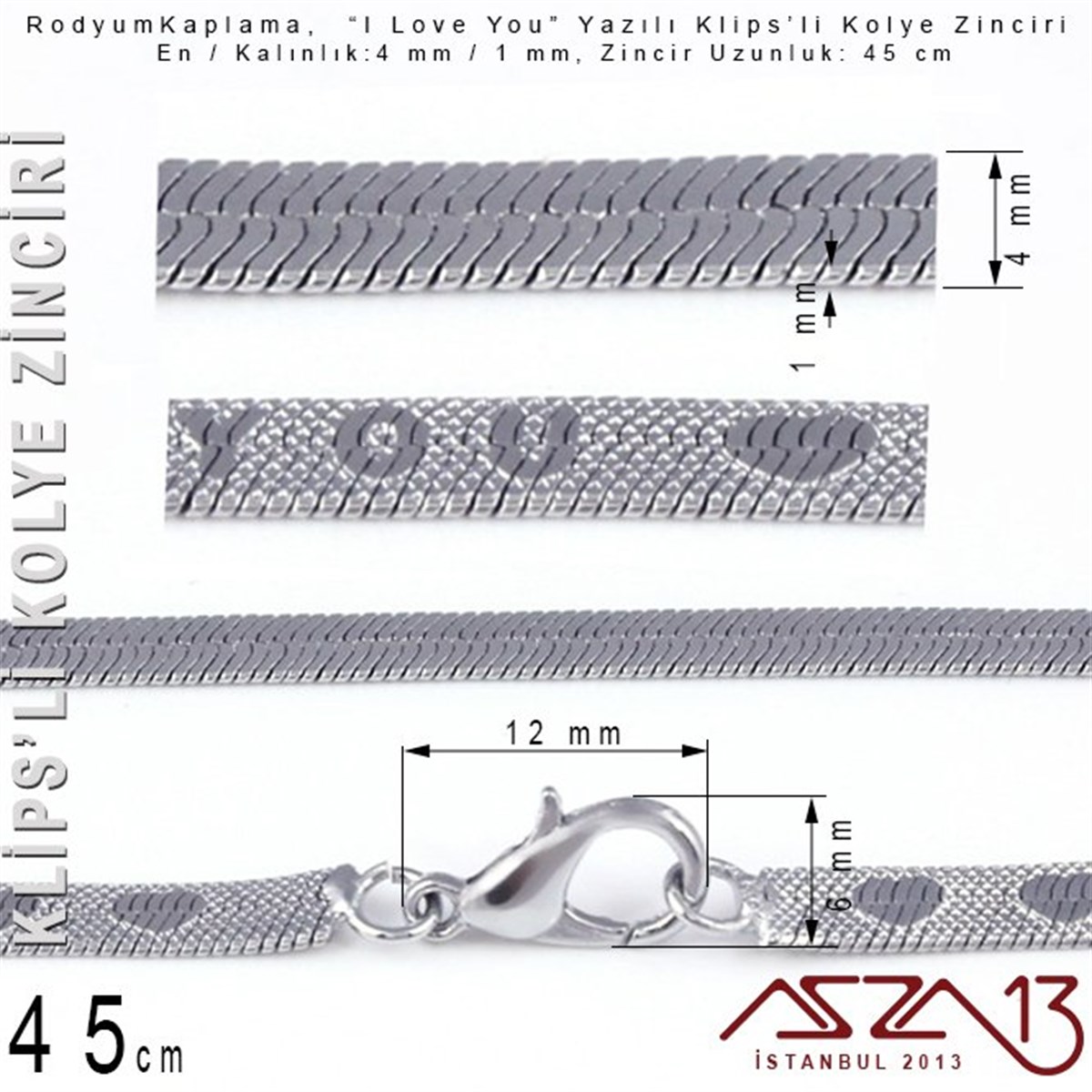 Rodyum Kaplama 45 cm - 1x4 mm Pirinç Yassı Yılan Tip - I Love You Klipsli Kolye Zinciri