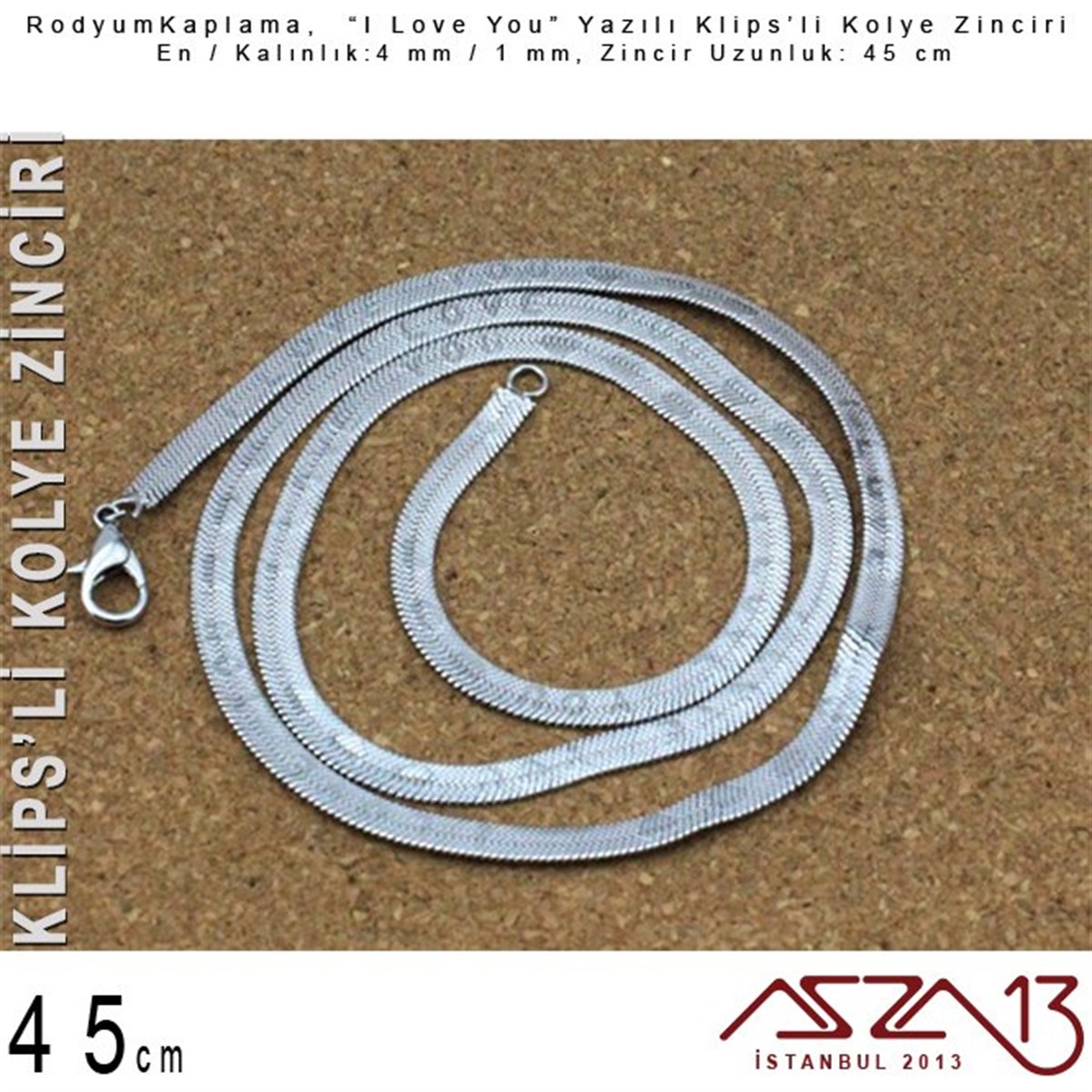 Rodyum Kaplama 45 cm - 1x4 mm Pirinç Yassı Yılan Tip - I Love You Klipsli Kolye Zinciri