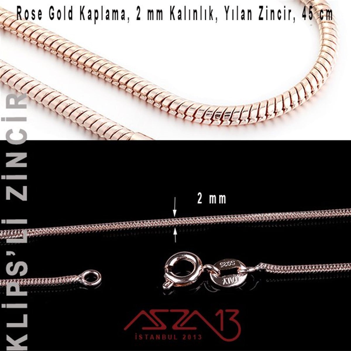 Rose Altın Kaplama 45 cm - 2 mm Pirinç Yuvarlak Yılan Kolye Zinciri / Paket İçeriği 1 Adet