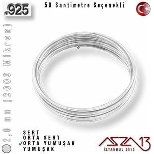 925 Ayar - 2,0 mm (2000 Mikron) - Yuvarlak Gümüş Tel / 50 Santimetre