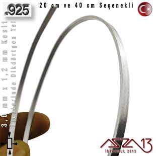 925 Ayar - 3,0 mm / 1,2 mm Ölçülerinde - Dikdörtgen Gümüş Tel / 20 ve 40 cm Seçenekli