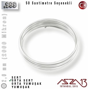 999 Ayar - 2,0 mm (2000 Mikron) - Yuvarlak Gümüş Tel / 50 Santimetre