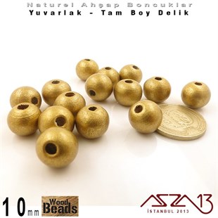 Yuvarlak - 10 mm - Altın Renkli - Ahşap Boncuk  / 15 Adet