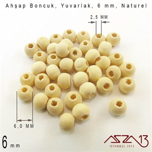 Yuvarlak 6 mm, Naturel Sandal Ağacı, Ahşap Boncuk / Paket İçeriği 40 Adet