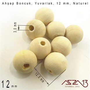 Yuvarlak 12 mm, Naturel Sandal Ağacı, Ahşap Boncuk / Paket İçeriği 8 Adet