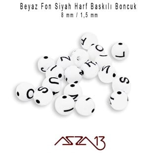 200 Adet 8 mm Beyaz Fon, Siyah Harfli Yuvarlak Boncuk (50 Gr)