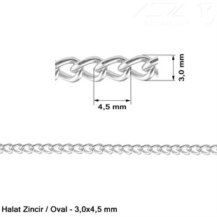 Zincir - Düz Halat Tip - Oval 3 mm - Nikel Kaplama / 1 Metre
