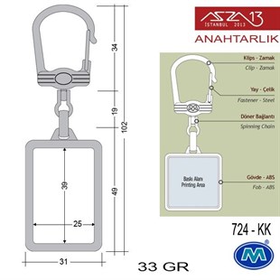 Metalik Krom Dikdörtgen (31x102 mm) Çift Taraflı Boş Yuvalı Anahtarlık (724-KK)