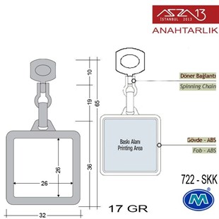Klipsiz Metalik Saten Krom Kare (32x65 mm) Çift Taraflı Boş Yuvalı Anahtarlık (722-SKK)