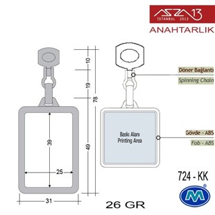Klipsiz Metalik Krom Dikdörtgen (31x78 mm) Çift Taraflı Boş Yuvalı Anahtarlık (724-KK)