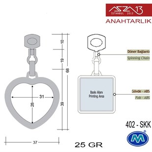 Klipsiz Metalik Saten Krom Kalp (37x68 mm) Çift Taraflı Boş Yuvalı Anahtarlık (402-SKK)
