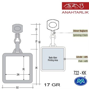 Klipsiz Metalik Krom Kare (32x65 mm) Çift Taraflı Boş Yuvalı Anahtarlık (722-KK)