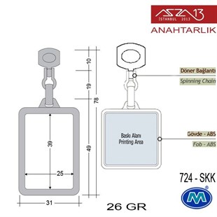 Klipsiz Metalik Saten Krom Dikdörtgen (31x78 mm) Çift Taraflı Boş Yuvalı Anahtarlık (724-SKK)