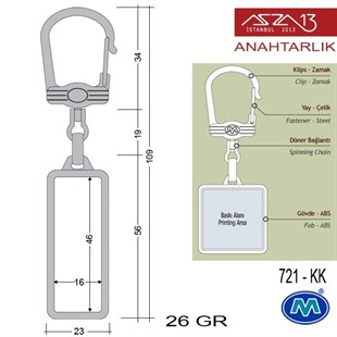 Metalik Krom Dikdörtgen (23x109 mm) Çift Taraflı Boş Yuvalı Anahtarlık (721-KK)