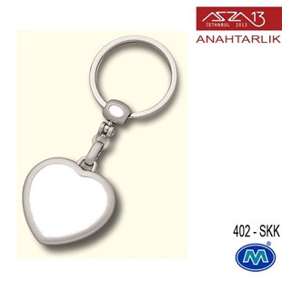 Metalik Saten Krom Kalp (37x92 mm) Çift Taraflı Boş Yuvalı Anahtarlık (402-SKK)