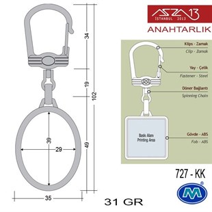 Metalik Krom Oval (35x102 mm) Çift Taraflı Boş Yuvalı Anahtarlık (727-KK)