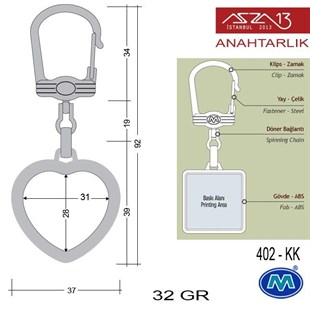 Metalik Krom Kalp (37x92 mm) Çift Taraflı Boş Yuvalı Anahtarlık (402-KK)