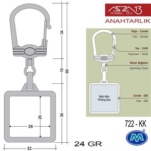 Metalik Krom Kare (32x89 mm) Çift Taraflı Boş Yuvalı Anahtarlık (722-KK)