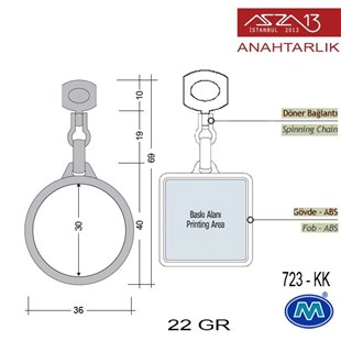 Klipsiz Metalik Krom Yuvarlak (36x69 mm) Çift Taraflı Boş Yuvalı Anahtarlık (723-KK)