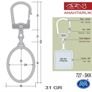 Metalik Saten Krom Oval (35x102 mm) Çift Taraflı Boş Yuvalı Anahtarlık (727-SKK)