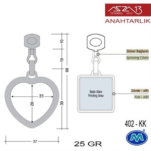 Klipsiz Metalik Krom Kalp (37x68 mm) Çift Taraflı Boş Yuvalı Anahtarlık (402-KK)