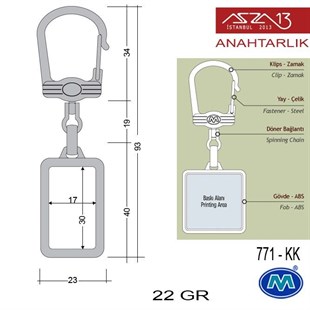 Metalik Krom Dikdörtgen (23x93 mm) Çift Taraflı Boş Yuvalı Anahtarlık (771-KK)