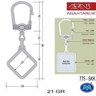 Metalik Saten Krom Diyagonal Kare (33x96 mm) Çift Taraflı Boş Yuvalı Anahtarlık (775-SKK)