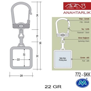 Metalik Saten Krom Kare (28x95 mm) Çift Taraflı Boş Yuvalı Anahtarlık (772-SKK)