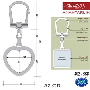 Metalik Saten Krom Kalp (37x92 mm) Çift Taraflı Boş Yuvalı Anahtarlık (402-SKK)