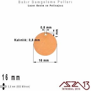 Bakır - 16 mm - Damgalama Pulu - Tek Delik - Yuvarlak / 5 Adet