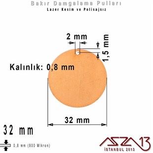 Bakır - 32 mm - Damgalama Pulu - Tek Delik - Yuvarlak / 1 Adet