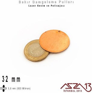 Bakır - 32 mm - Damgalama Pulu - Tek Delik - Yuvarlak / 1 Adet