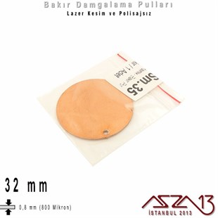 Bakır - 32 mm - Damgalama Pulu - Tek Delik - Yuvarlak / 1 Adet