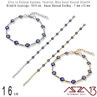 Altın ve Rodyum Kaplama - Pirinç ve Mine Malzeme - 16 cm Yuvarlak, Klipsli Nazar Boncuk Bileklik