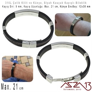 Siyah Silikon Kayış - 316L Çelik, Desensiz Künye ve Kilit - Erkek Bileklik / 1 Adet