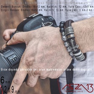 316L Çelik, Siyah Rodajlı,  Desenli / Çizgili Bileklik Ara Boncuk / 1 Adet