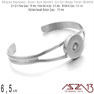 Rodyum Kaplamalı - 18 mm Çıt Çıt (Snap) Yuvalı - 6,5 cm - Metal Kollu Bileklik