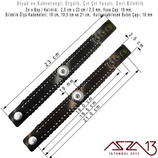 Siyah ve Kahverengi - 2,5 x 23 cm ÖrgülüGerçek Deri - Çıt Çıt Yuvalı (Snap) Bileklik
