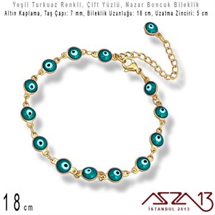 Altın Kaplamalı, Yeşil Turkuaz Nazar Boncuk Bileklik