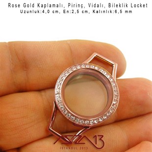 25 mm Rose Altın, Kristal Taşlı, Yuvarlak, Vida Kilitli Bileklik Ortası (Locket Pendant)