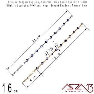Altın ve Rodyum Kaplama - Pirinç ve Mine Malzeme - 16 cm Yuvarlak, Klipsli Nazar Boncuk Bileklik