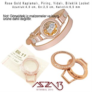 25 mm Rose Altın, Kristal Taşlı, Yuvarlak, Vida Kilitli Bileklik Ortası (Locket Pendant)