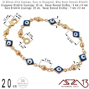 30 Mikron Altın Kaplama - Pirinç ve Mine Malzeme - 20 cm Kare ve Diyagonal Klipsli Nazar Boncuk Bileklik