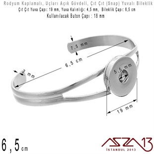 Rodyum Kaplamalı - 18 mm Çıt Çıt (Snap) Yuvalı - 6,5 cm - Metal Kollu Bileklik