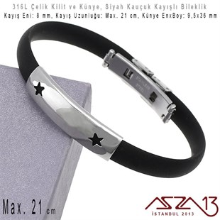 Siyah Silikon Kayış - 316L Çelik, Çift Yıldız Dekupajlı Künye ve Kilit - Erkek Bileklik / 1 Adet