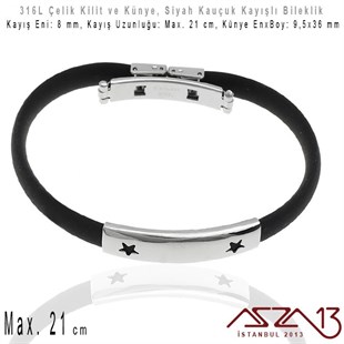 Siyah Silikon Kayış - 316L Çelik, Çift Yıldız Dekupajlı Künye ve Kilit - Erkek Bileklik / 1 Adet