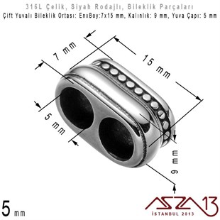 316L Çelik, Siyah Rodajlı, Desenli Bileklik Boncuk / 1 Adet